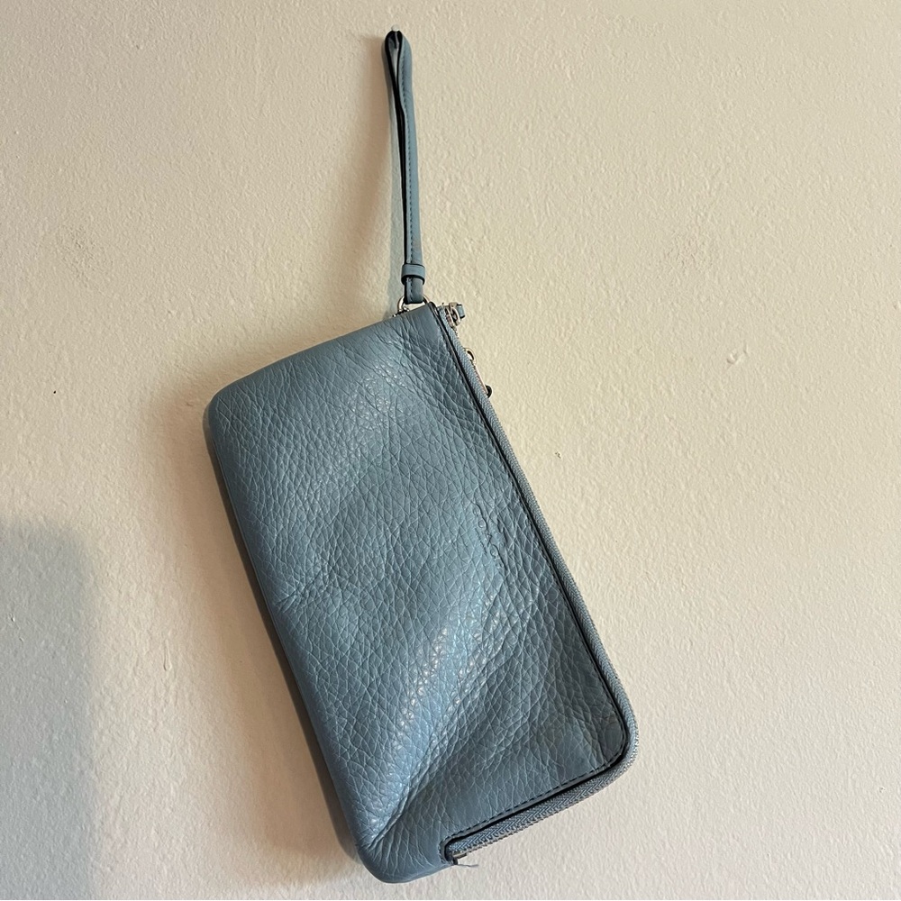Coach Double Corner Zip Wristlet Pebbled Leather Light Blue